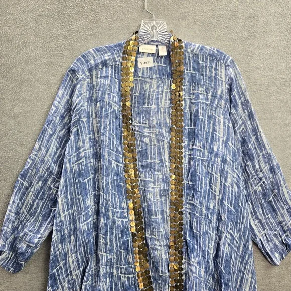 Chico's Women Top 2 Blue Tie Dye Shibori Gold Sequin Kimono Handkerchief‎ - Picture 3 of 9